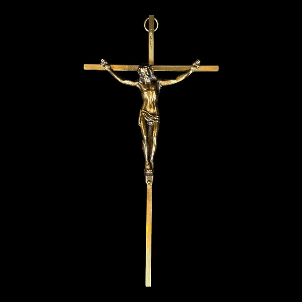 Vintage Golden Brass Wall Hanging Crucifix INRI Cross Jesus 10”